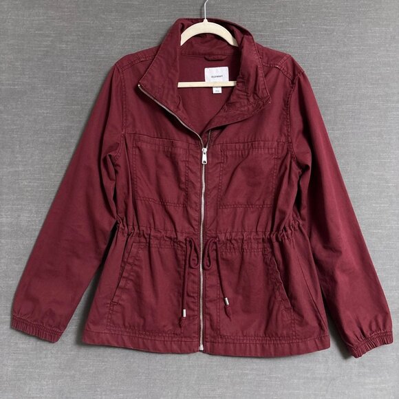 Old Navy Jacket L Burgundy Full Zip Drawstring Utility Coat Fall Layering Casual - Picture 1 of 10